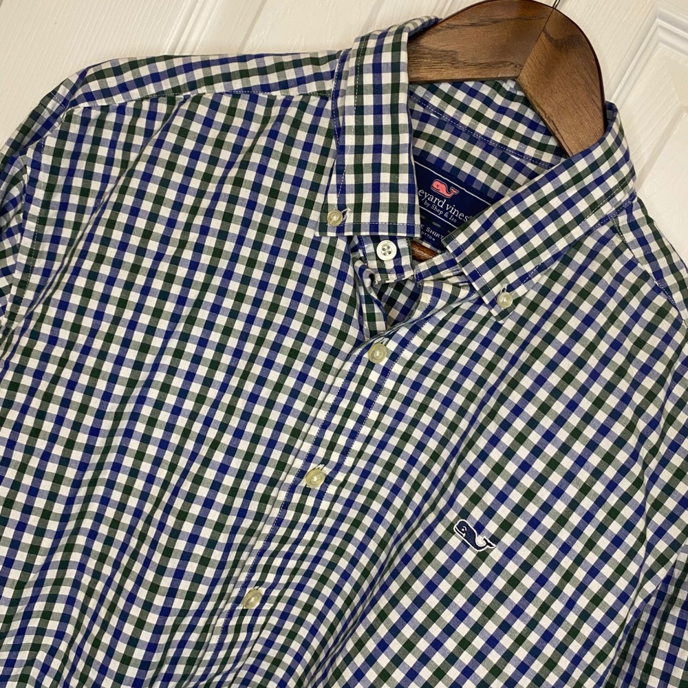 Vineyard Vines Mens Large Whale Shirt Gingham Button Down Navy Blue Green Cotton